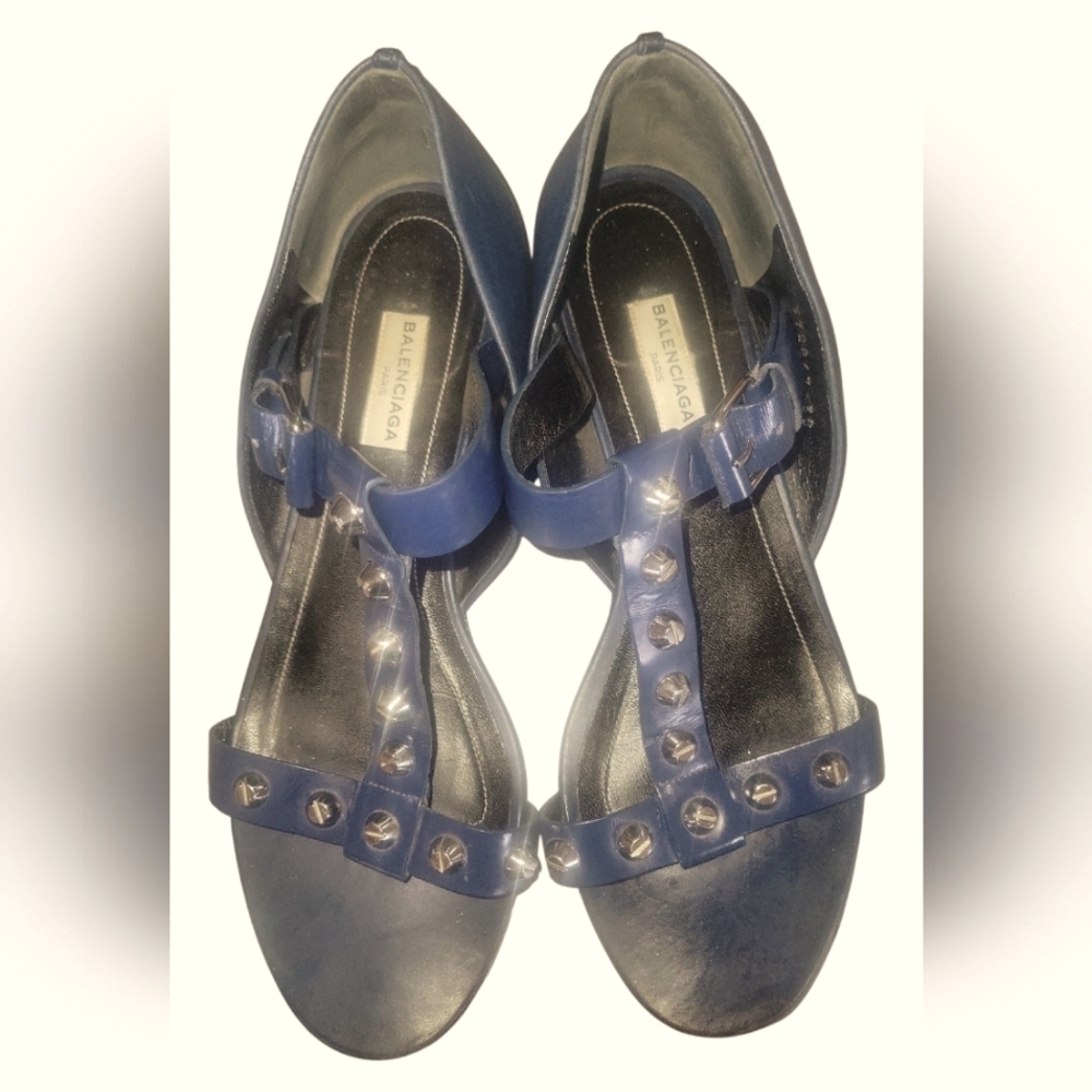 Balenciaga Paris Women's Silver Studs Navy T-strap Buckle Fastener Sandals Sz 38 - Picture 7 of 10